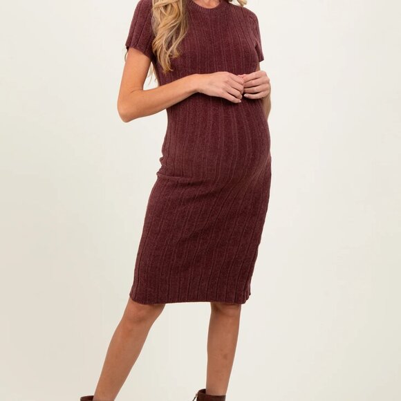 PinkBlush Brown Chenille Knit Short Sleeve Maternity Sweater Dress — Size Large - Picture 1 of 5
